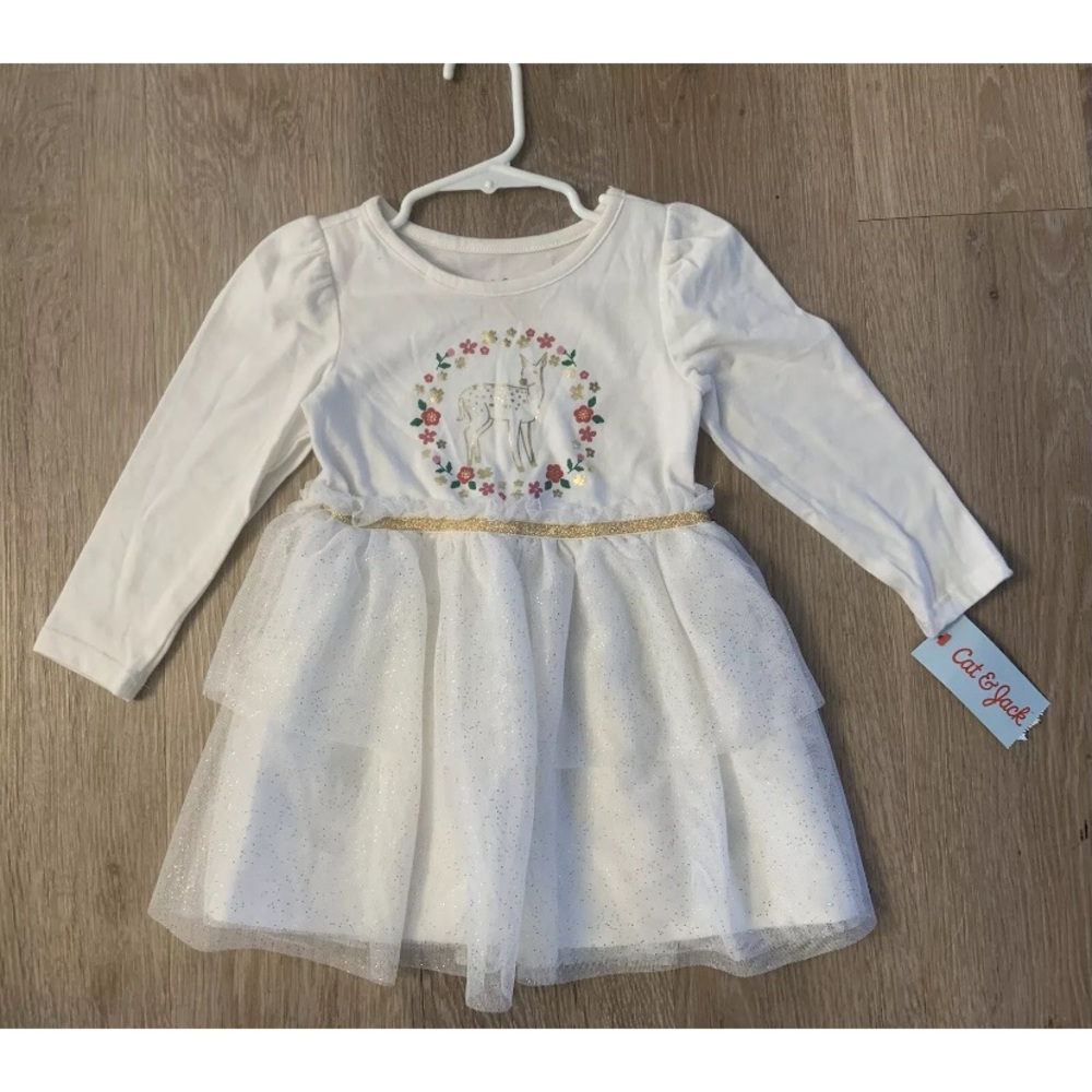 (NWT) Cat & Jack Girl’s Size 2T White Holiday  Dress With Reindeer On Front